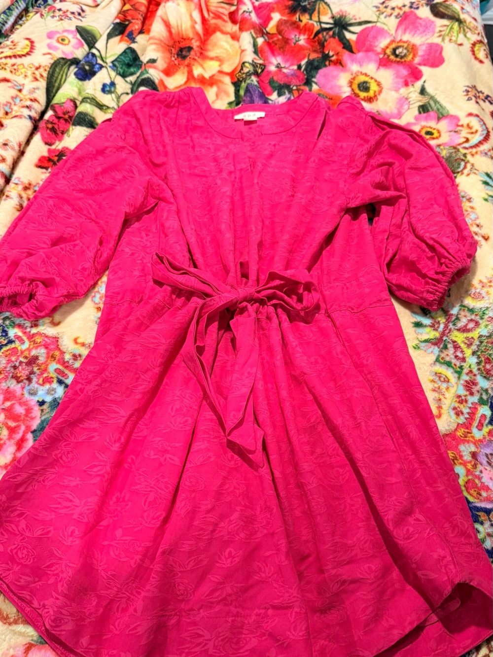 Tie-Waist Puff Sleeve Boho Dress in Hot Pink